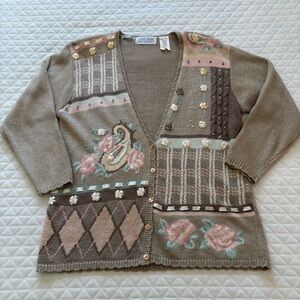 VTG Jantzen Cardigan Size L Sweater Hand Embroidered Grandma Roses Cottagecore